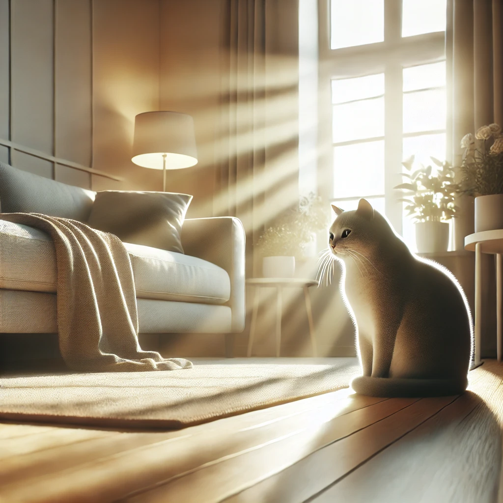 Serin bir ortamda pencere kenarında oturan huzurlu bir kedi.