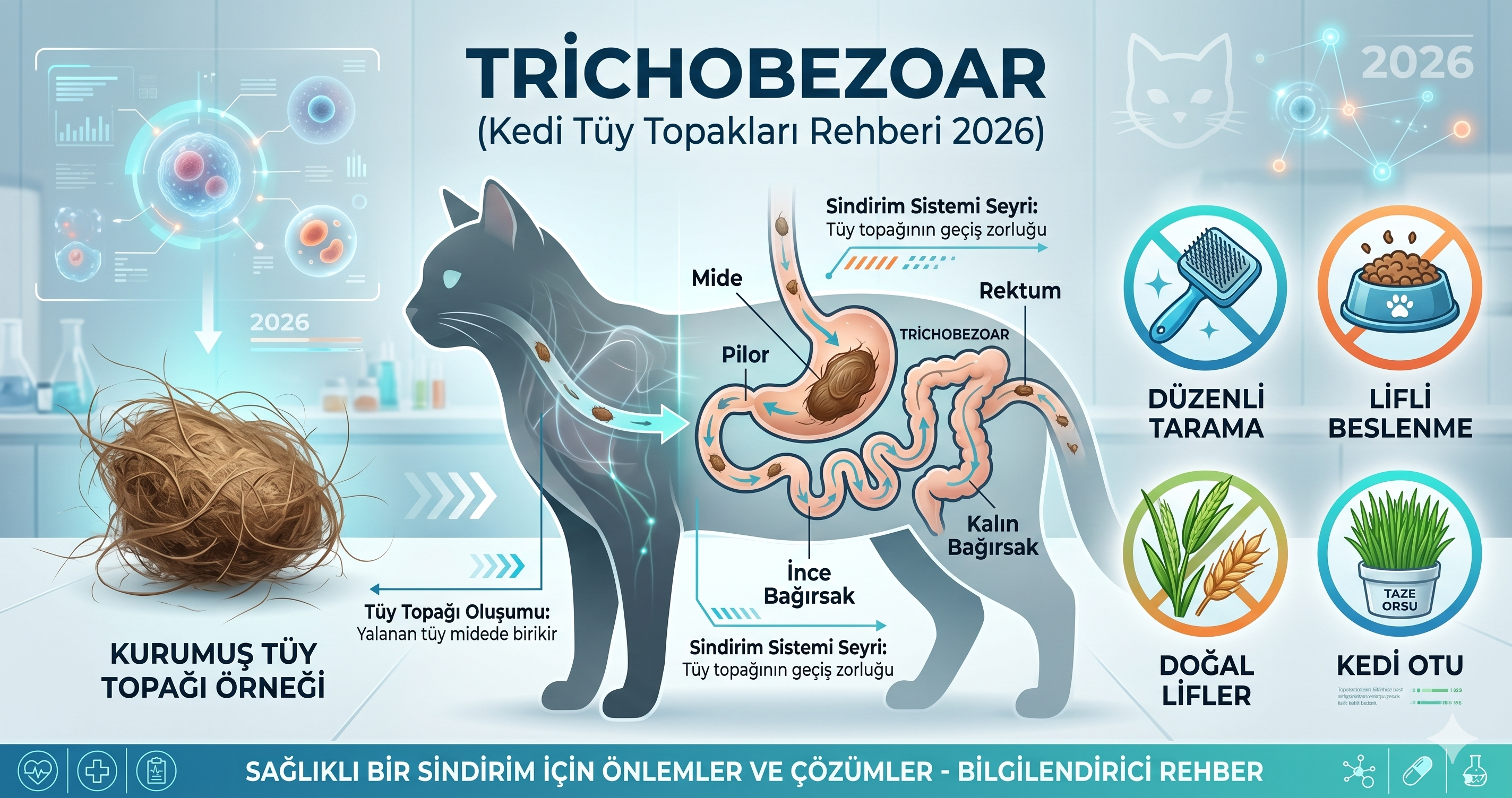 Kedide tüy topakları trichobezoar - oluşum mekanizması belirtileri bağırsak tıkanma sugarcane fibre Loureiro 2014 hairball mama fırçalama 2026 Mismama bilimsel rehber