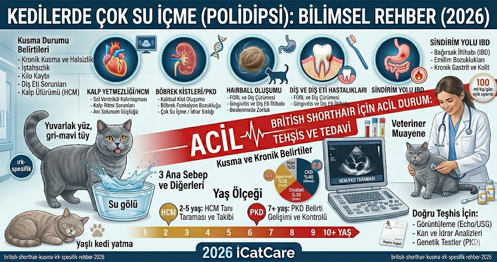 Kedi çok su içiyor polidipsi - 100 ml kg gün eşik CKD diyabet hipertiroidi ayırıcı tanı USG urinalysis SDMA T4 testleri 2026 Mismama bilimsel rehber