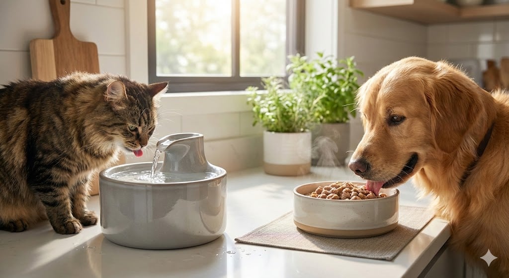 Modern Bir Su Pınarından Su İçen Kedi ve Yanında Yaş Mama Yiyen Köpek