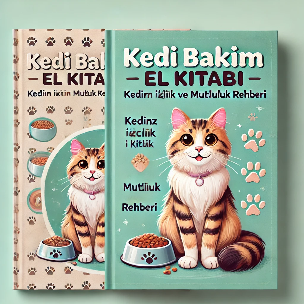Kedi Bakım El Kitabı kapağında mutlu bir kedi ve mama kabı görseli.