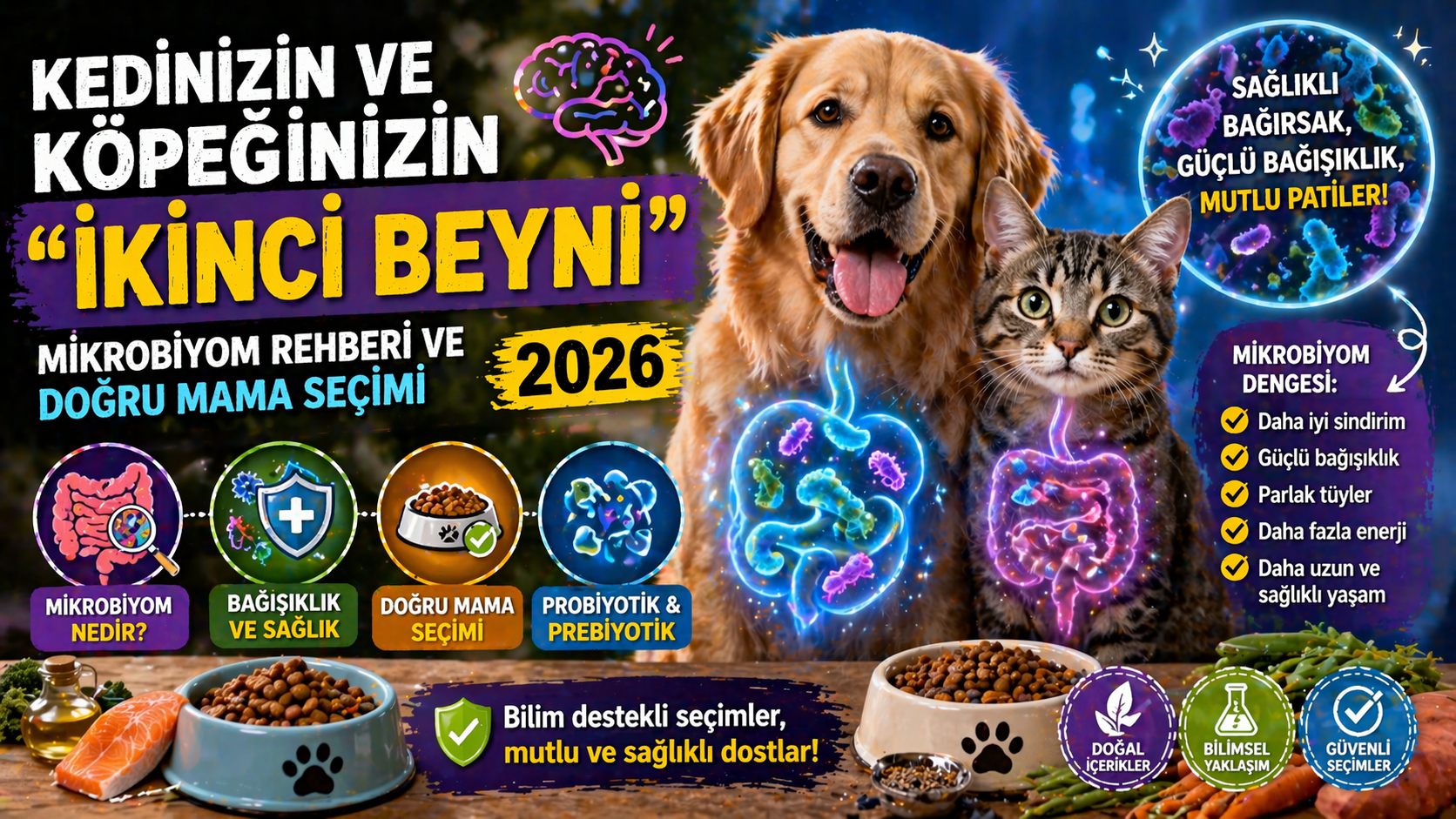 Kedi ve köpek ikinci beyin mikrobiyom rehberi - bağırsak beyin aksı ve doğru mama seçimi Mismama 2026
