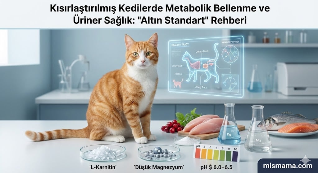 Laboratuvarda kedi maması bileşenlerini temsil eden simgeler ve sağlıklı bir kedinin yer aldığı profesyonel blog görseli - mismama.com