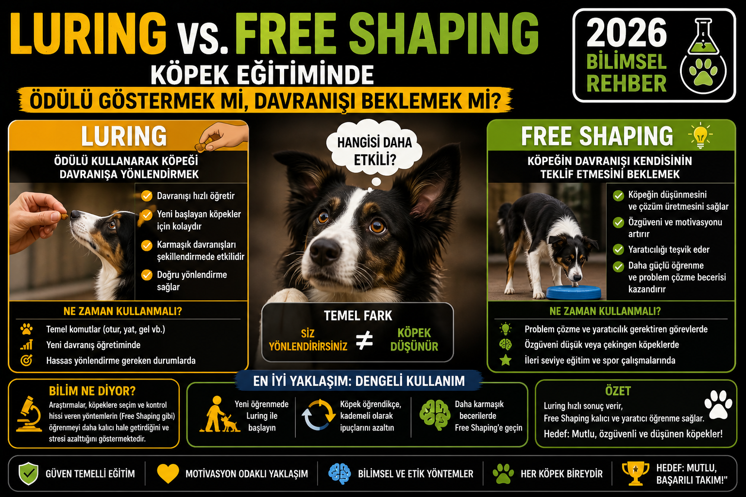 Köpek eğitimi luring vs free shaping ödül gösterme davranış bekleme bilimsel karşılaştırma 2026 Mismama