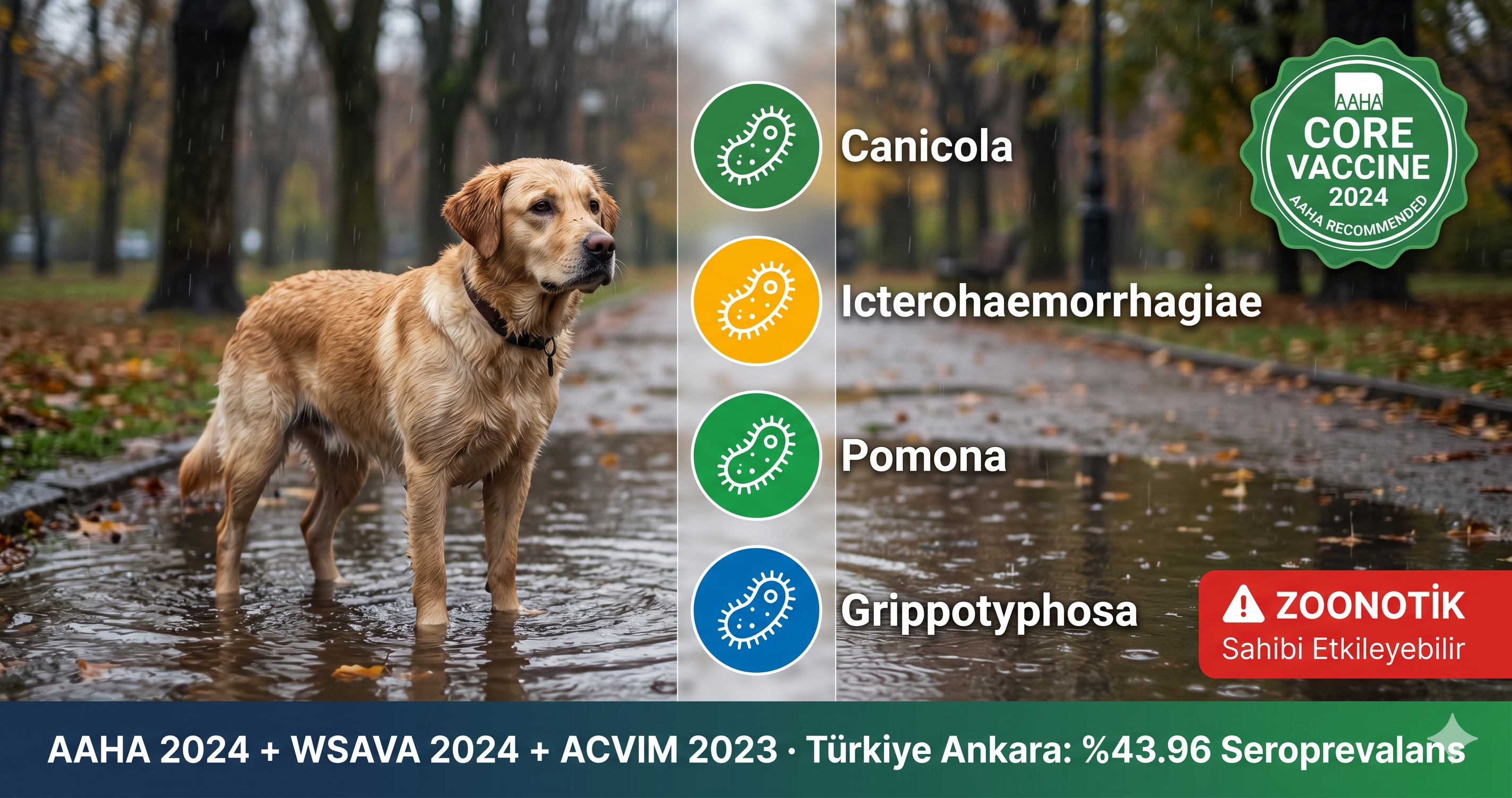 Köpek leptospirosis AAHA 2024 core aşı serovar Canicola Icterohaemorrhagiae Türkiye %43.96 seroprevalans zoonoz 2026 Mismama bilimsel rehber