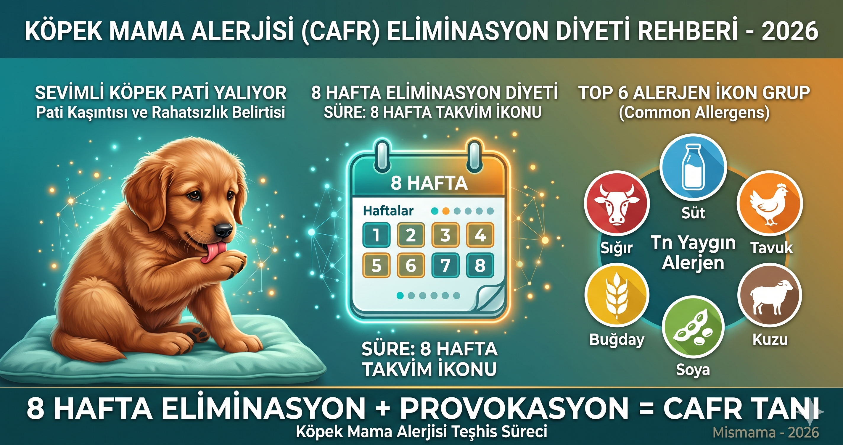 Köpek mama alerjisi CAFR Cutaneous Adverse Food Reaction belirtileri eliminasyon diyeti 8 hafta hidrolize protein mama sığır süt tavuk buğday top alerjenler atopi ayrım Mueller-Olivry Jackson 2024 bilimsel rehber Mismama 2026