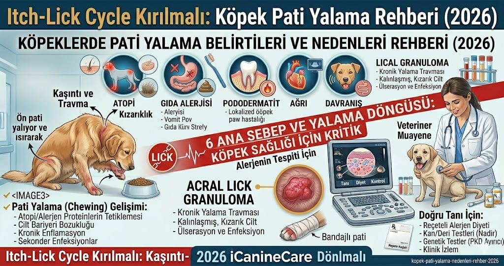 Köpek pati yalama nedenleri - atopik dermatit acral lick granuloma pododermatit Malassezia gıda alerjisi davranışsal anksiyete itch-lick cycle endorfin Shumaker 2008 %94 bakteriyel 2026 Mismama bilimsel rehber