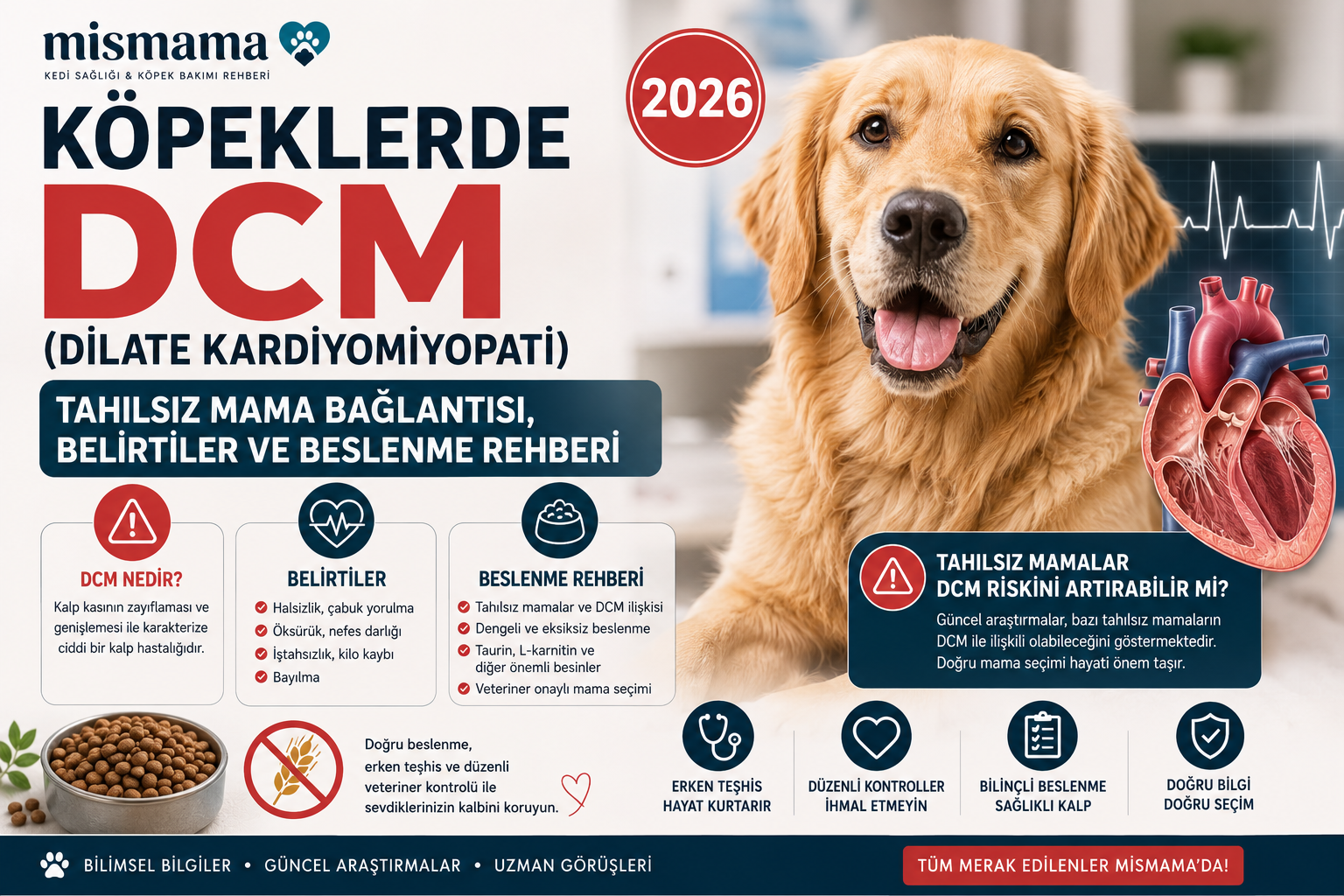 Köpeklerde DCM Rehberi 2026 — Dilate Kardiyomiyopati, Tahılsız Mama Bağlantısı, Taurin Eksikliği ve Beslenme | Mismama.com
