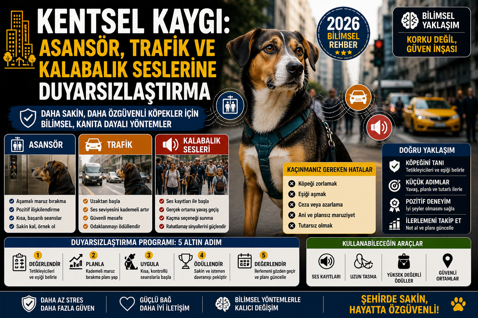 Köpeklerde kentsel kaygı asansör trafik kalabalık seslerine duyarsızlaştırma bilimsel rehber 2026 Mismama