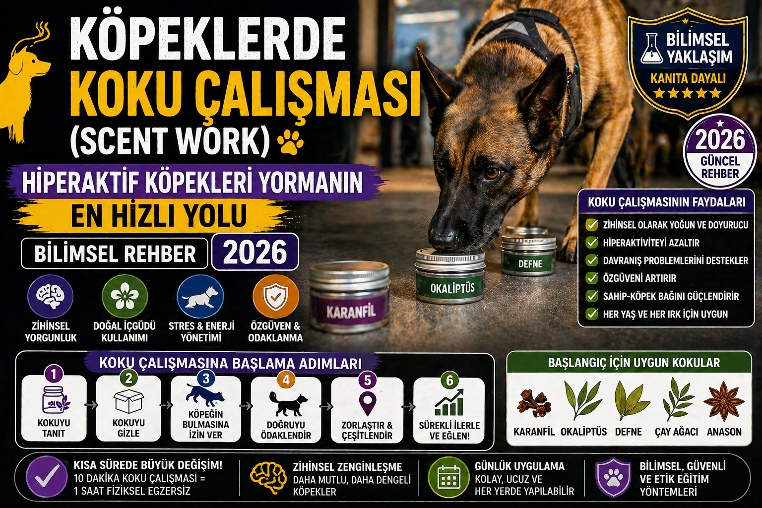 Köpeklerde koku çalışması scent work hiperaktif köpek zihinsel yorgunluk bilimsel rehber 2026 Mismama