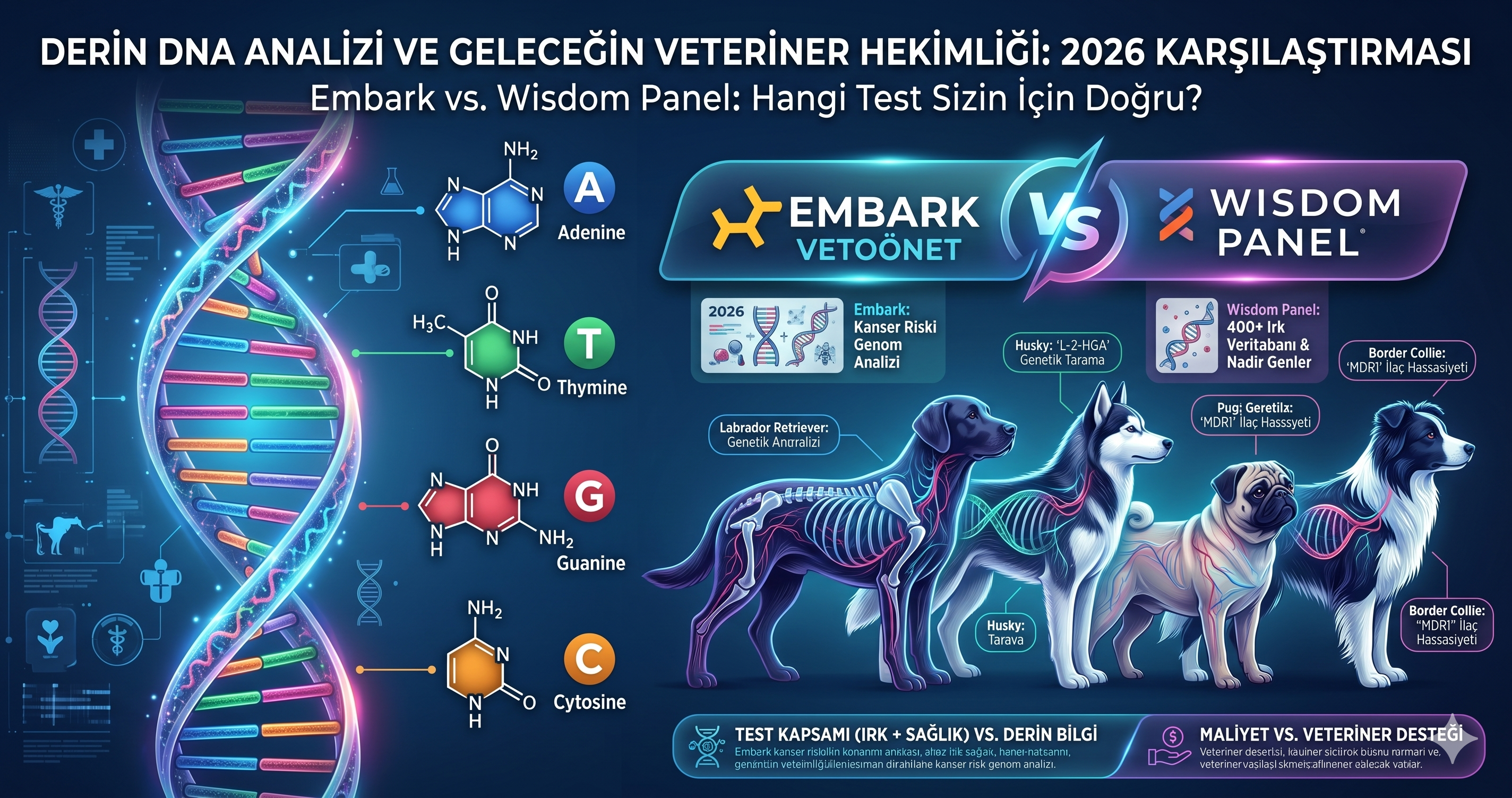 Köpek DNA testi Embark vs Wisdom Panel karşılaştırma - safkanlık genetik hastalık MDR1 DM PRA 230000 marker 2026 Mismama bilimsel rehber