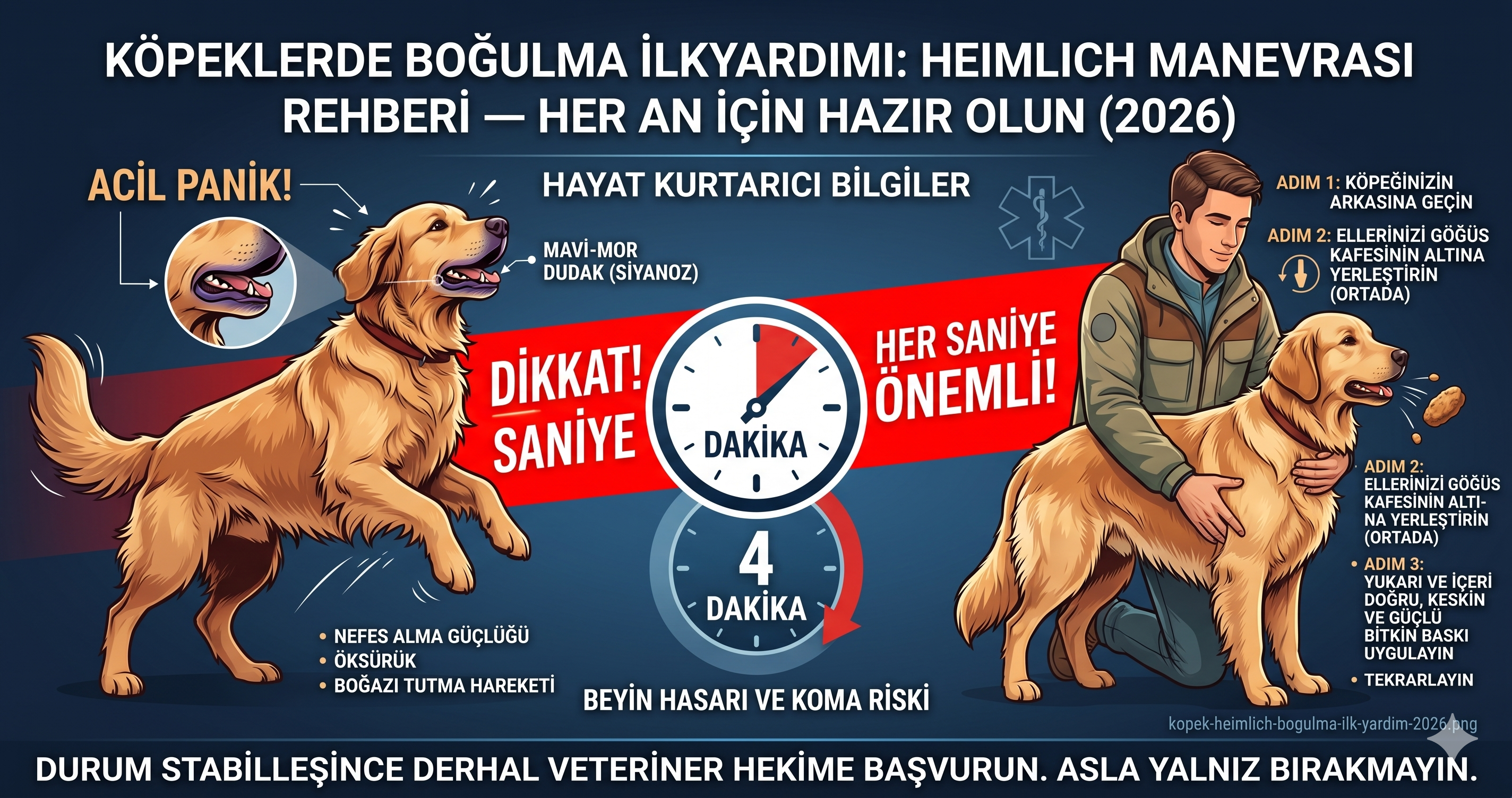 Köpek Heimlich manevrası boğulma ilk yardım - RECOVER 2024 CPR protokolü 4 dakika beyin hasarı küçük büyük ırk teknik 2026 Mismama