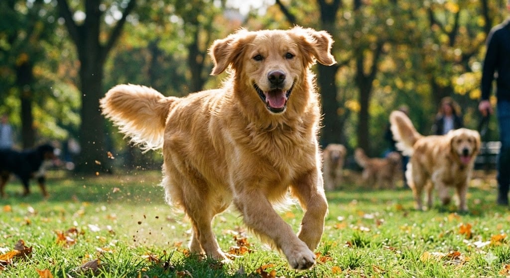 Parkta Koşan Mutlu ve Sağlıklı Bir Golden Retriever Köpek
