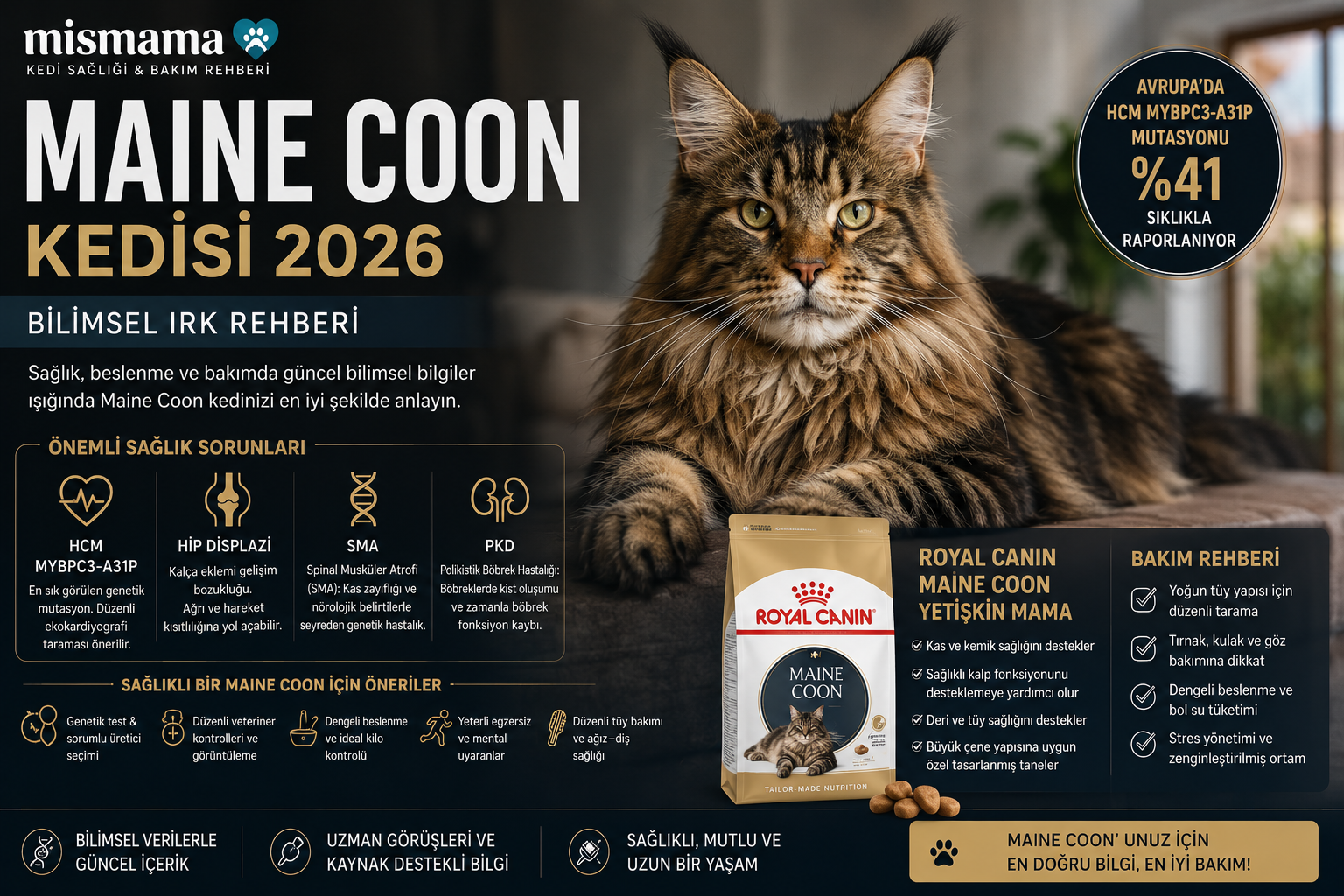 Maine Coon kedisi yan profil - kahverengi tabby tüy, vaşak kulak püskülleri, devasa cüsse, Mismama 2026 veteriner ırk rehberi