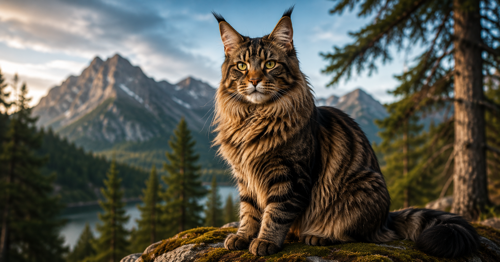 Maine Coon kedisi yan profil — kahverengi tabby tüy, vaşak kulak püskülleri, devasa cüsse, Mismama 2026 veteriner ırk rehberi