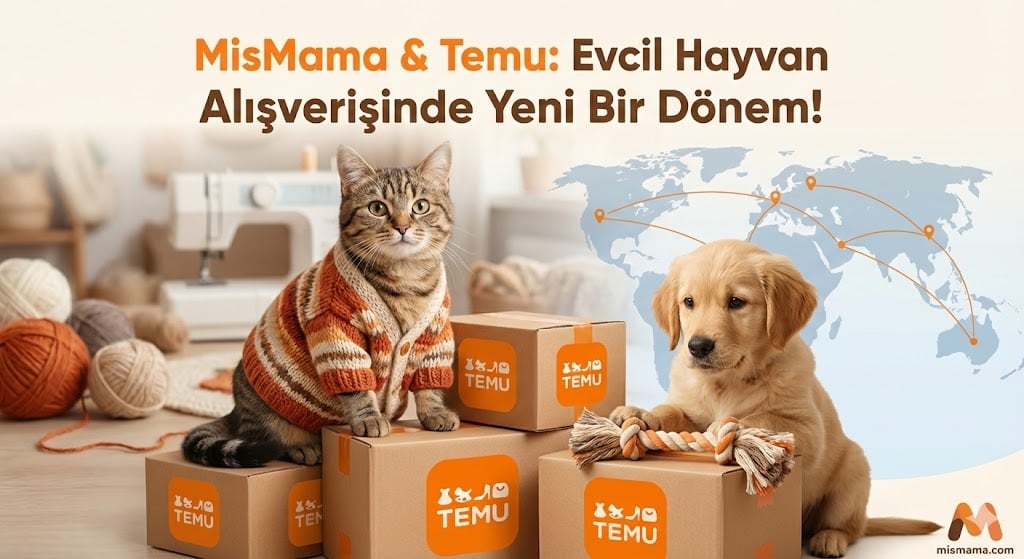 Temu logosu ve MisMama ürün kutularıyla çevrili, el emeği örgü kedi hırkası giyen sevimli bir kedi - mismama.com
