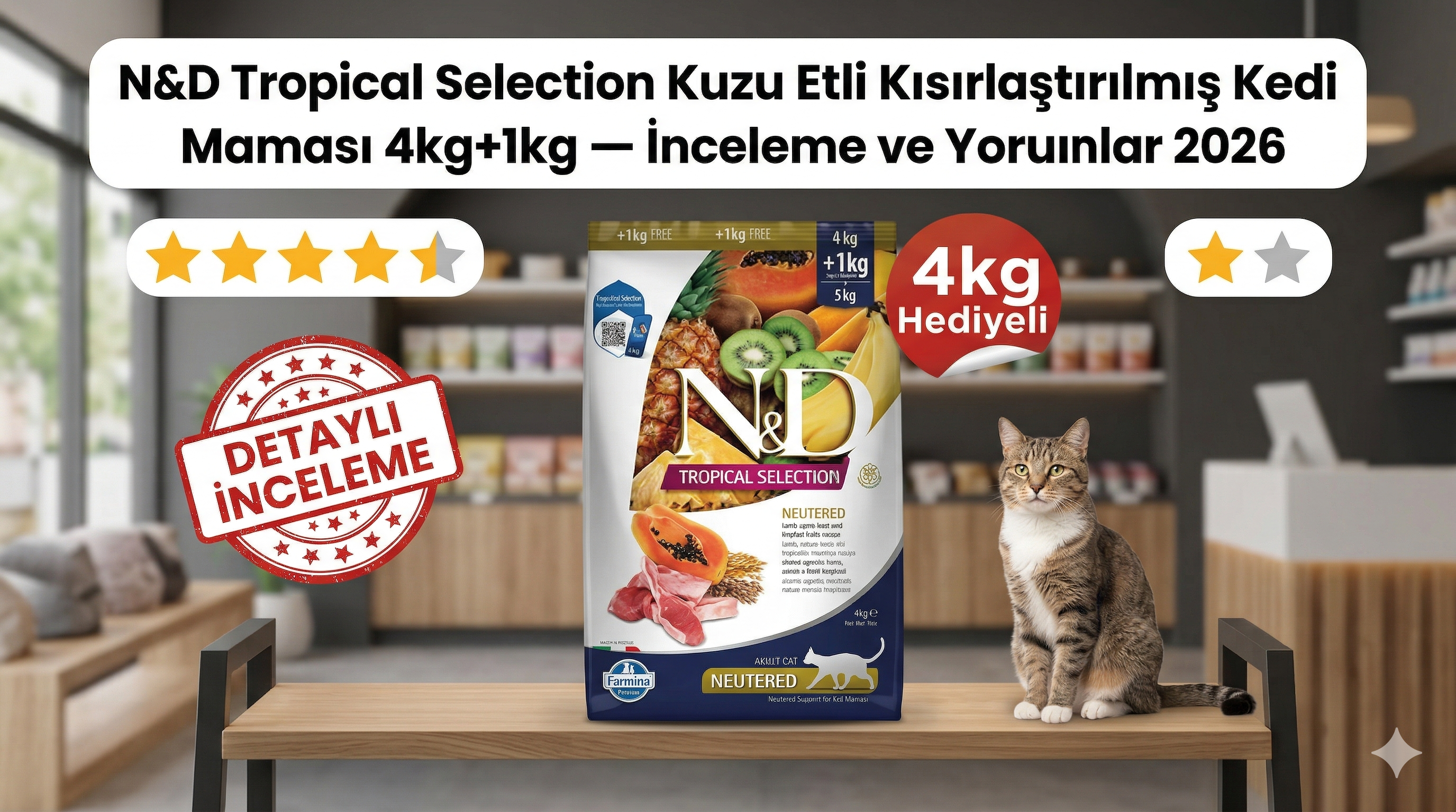 N&D Tropical Selection Kuzu Etli Kısırlaştırılmış Kedi Maması 4kg+1kg Hediye — İnceleme 2026 | Mismama.com