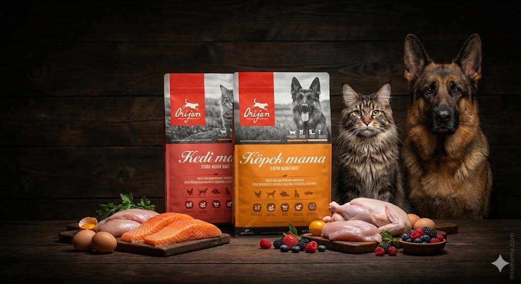 Vahşi Doğayı Yansıtan Bir Ortamda Taze Av İçerikleriyle Çevrili Orijen Kedi ve Köpek Maması Paketleri