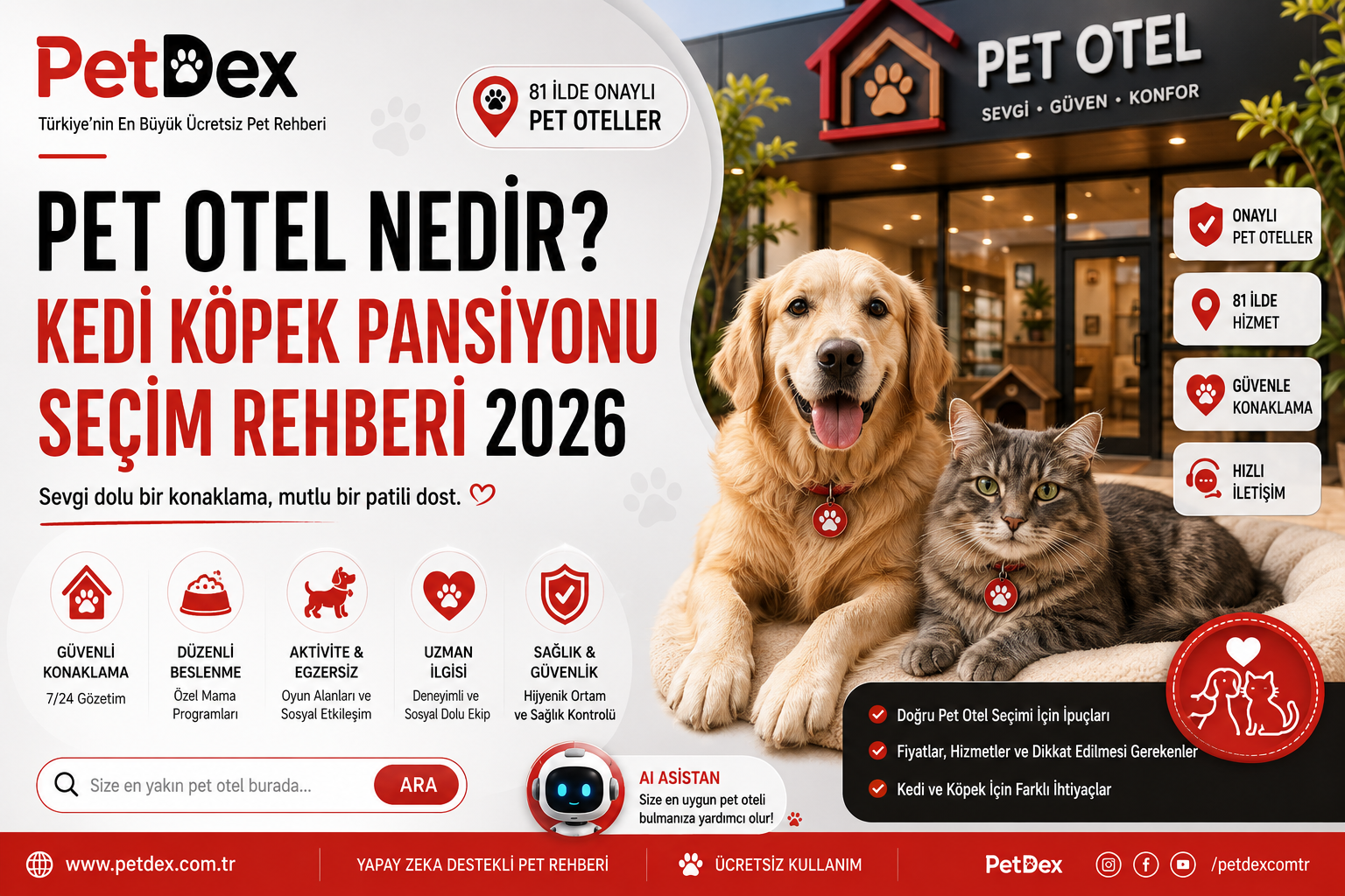 Pet otel nedir kedi köpek pansiyonu seçim rehberi 2026 - kafessiz sistem 7/24 kamera veteriner onaylı bakım Tarım Bakanlığı ruhsatlı güvenilir pet otel bulma nasıl seçilir Türkiye Mismama rehberi