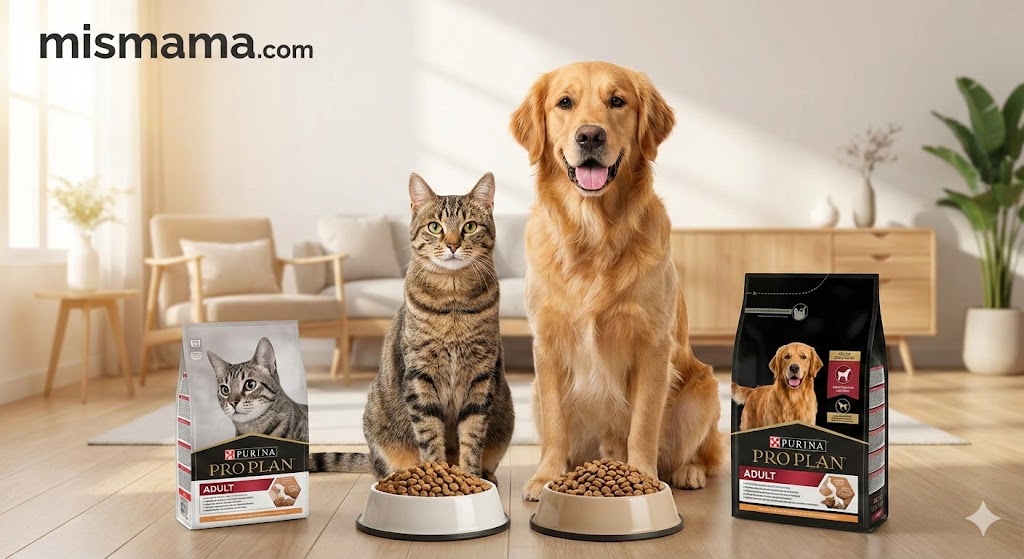 Modern bir evde mama kabının başında duran sağlıklı kedi ve köpek ile Pro Plan Adult mama paketleri