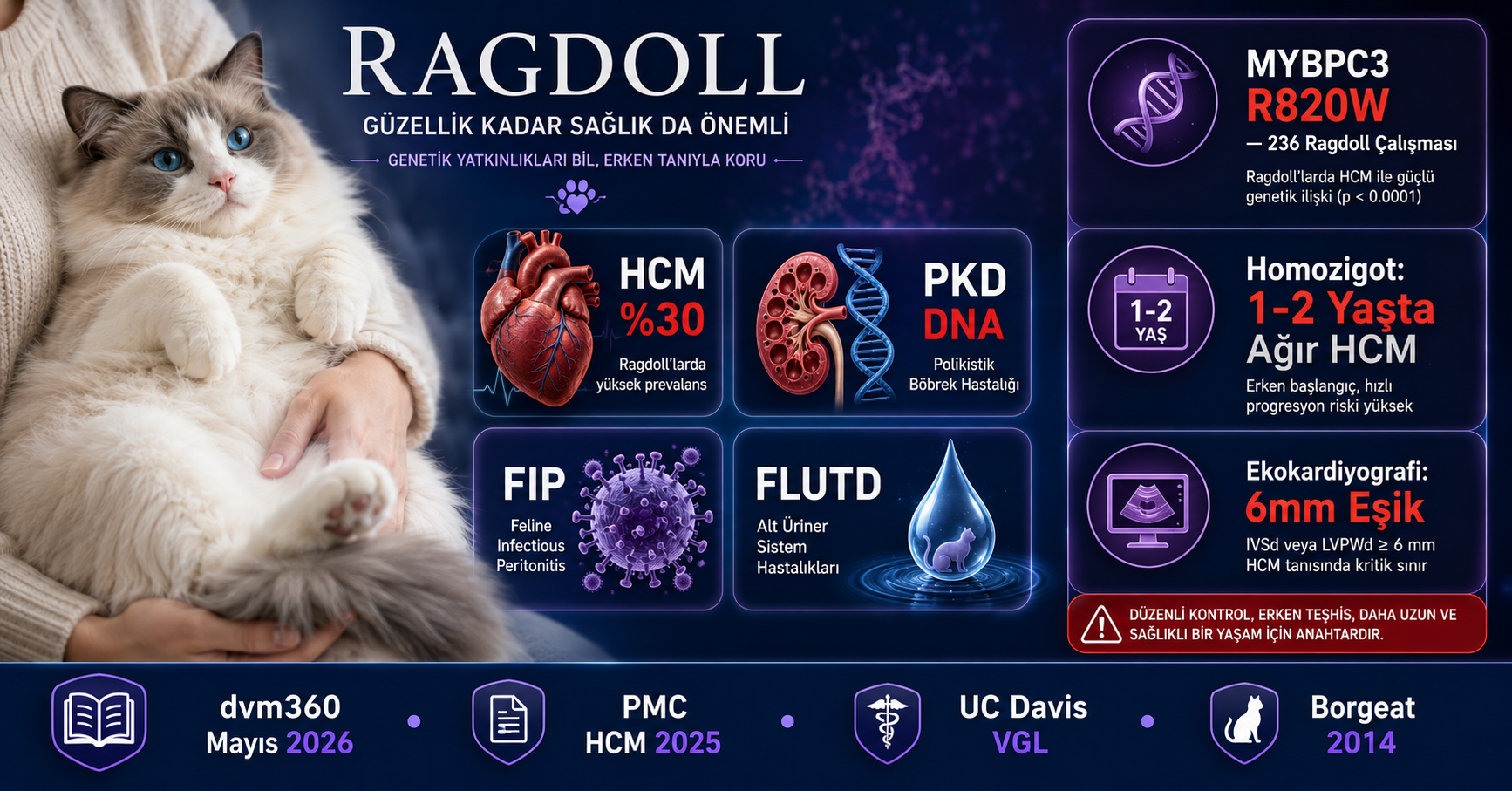Ragdoll kedi sağlık sorunları HCM MYBPC3 R820W PKD FIP üriner obezite ırk spesifik 2026 Mismama bilimsel rehber