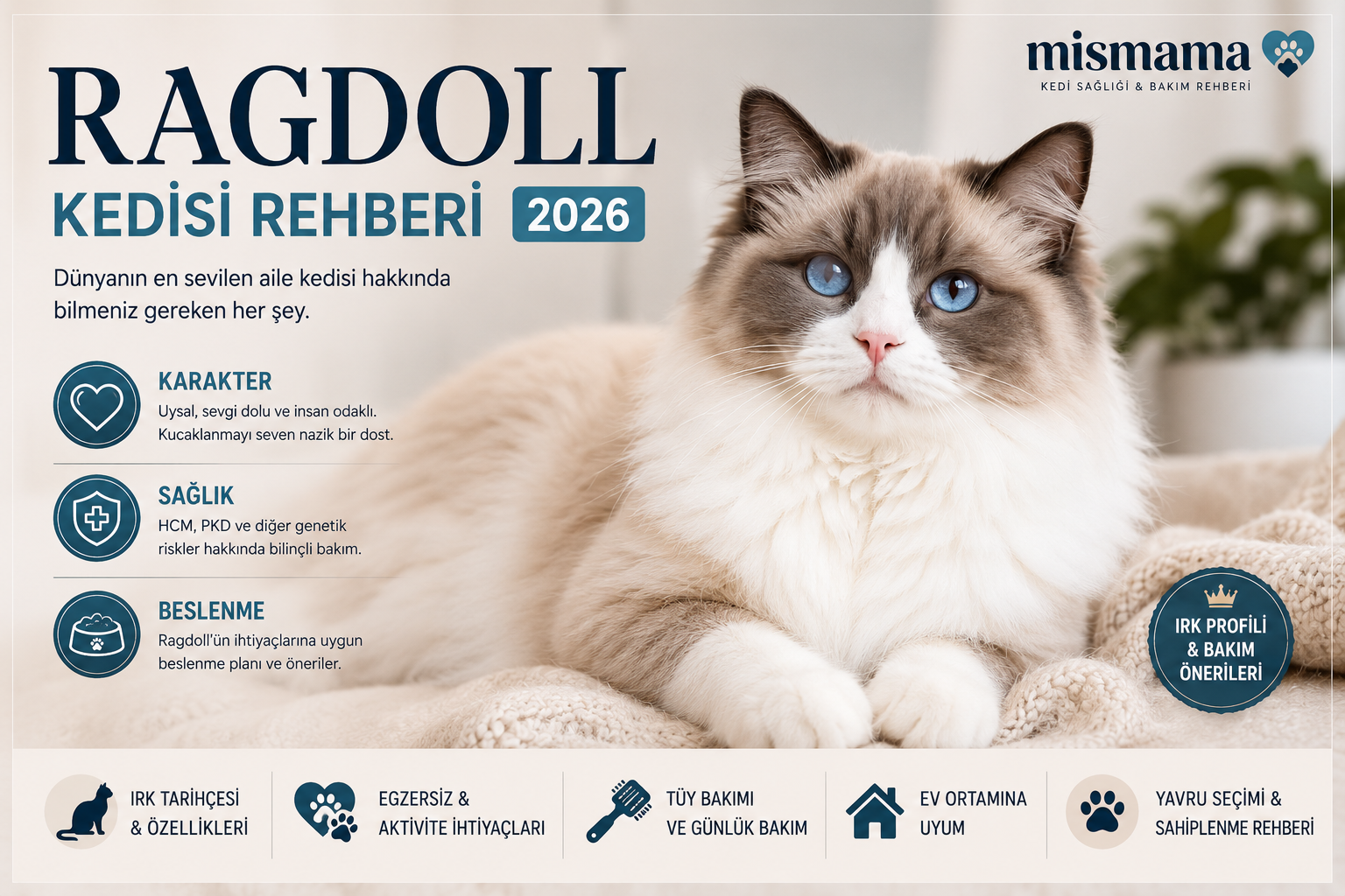 Ragdoll Kedisi Rehberi 2026 — Karakter, HCM Sağlık Riskleri, Beslenme ve Mama Önerileri | Mismama.com