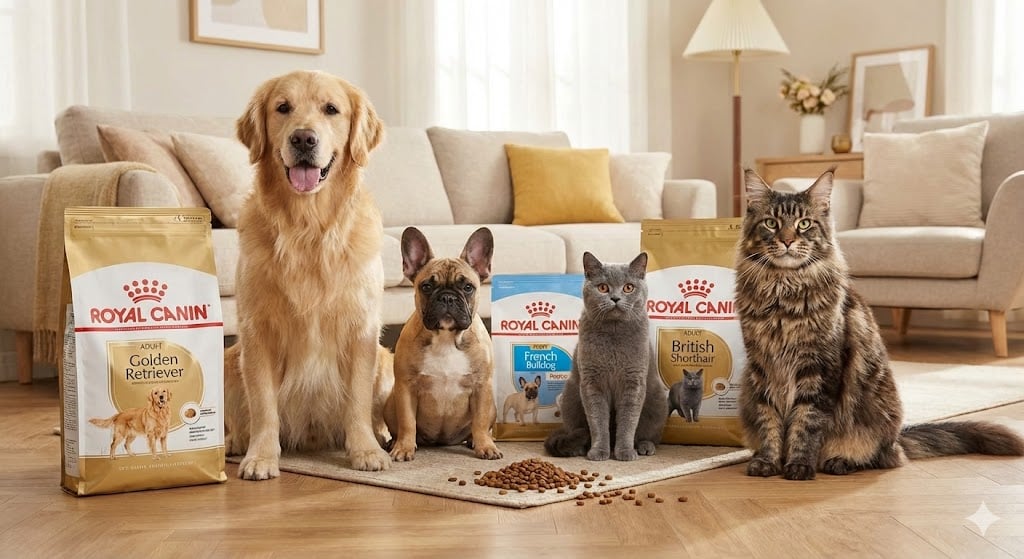 Farklı Irklardan Kedi ve Köpeklerin Yanında Royal Canin Mama Paketleri