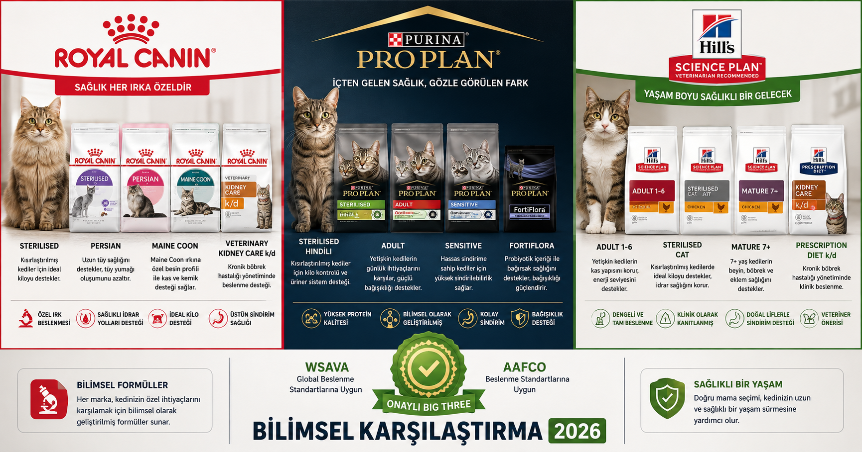 Royal Canin Pro Plan Hill's Science Diet 2026 karşılaştırma - Big Three premium pet mama markaları WSAVA AAFCO onaylı veteriner önerisi içerik kalitesi fiyat performans ırk spesifik prescription diyet seçim rehberi Mismama