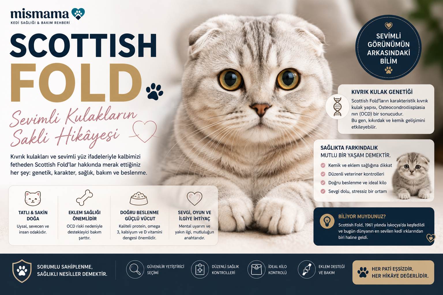Scottish Fold kedisi kıvrık kulaklı yan profil - TRPV4 geni, osteokondrodisplazi ve etik bakım rehberi, Mismama