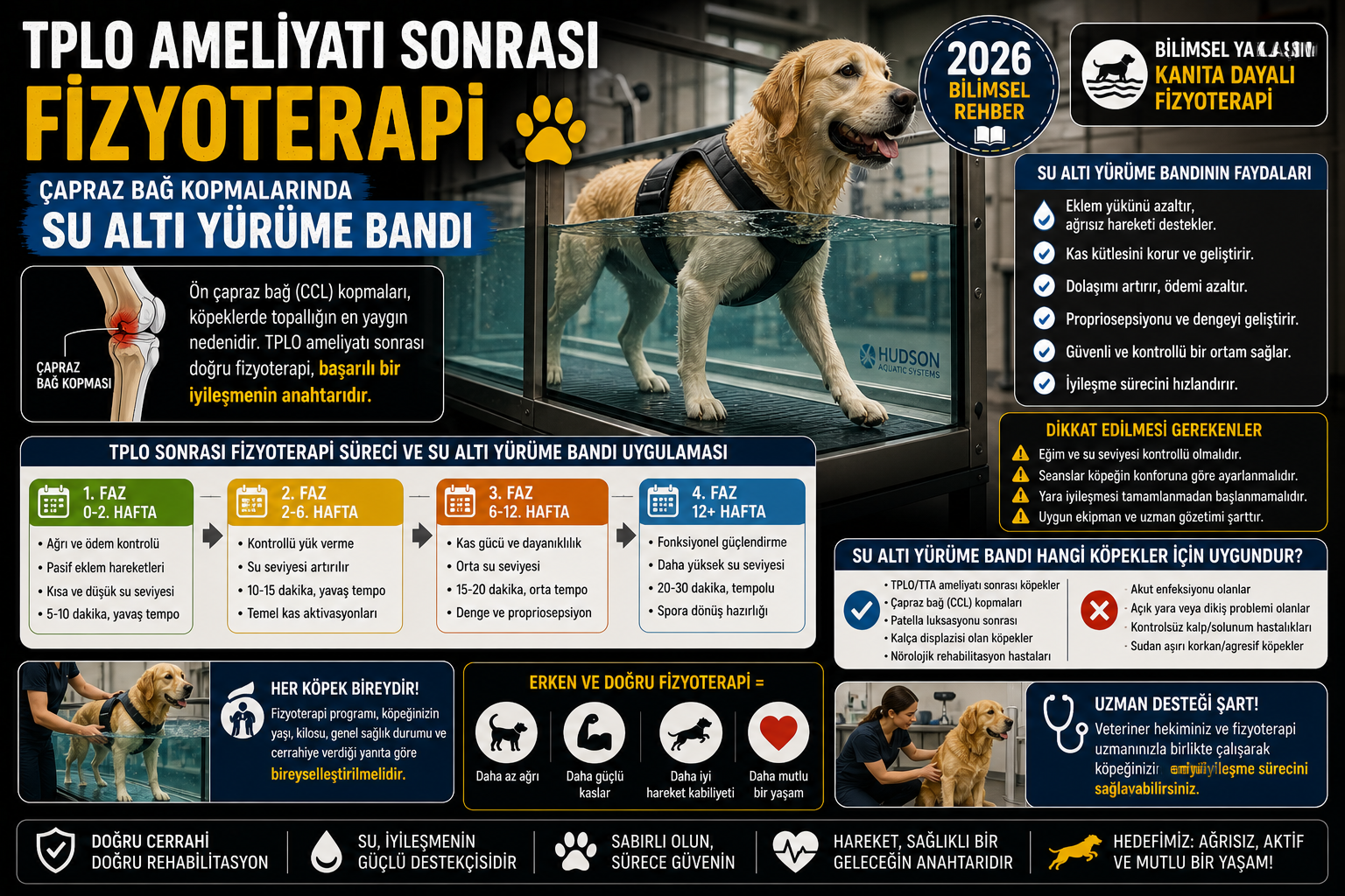 Köpek TPLO ameliyatı sonrası fizyoterapi su altı yürüme bandı çapraz bağ kopması rehabilitasyon 2026 Mismama
