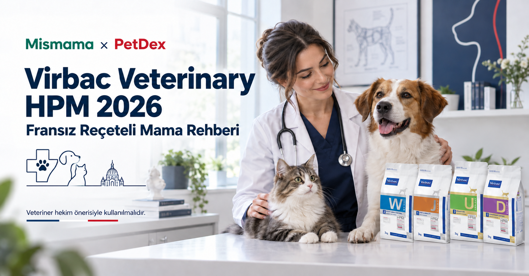 Virbac Veterinary HPM 2026 tam rehber - Fransız reçeteli veteriner özel mama U1 U2 G1 Kidney Joint Derma yüksek protein düşük karbonhidrat glütensiz GDO'suz Mopsan Türkiye Mismama Petdex