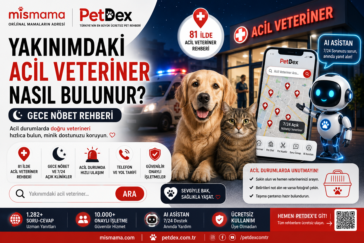 Yakınımdaki acil veteriner nasıl bulunur gece nöbetçi 7/24 açık klinik rehberi 2026 - konum bazlı arama İstanbul Ankara İzmir Bursa Antalya 81 il pet dex acil müdahale nefes darlığı GDV zehirlenme Mismama