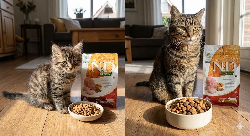 Biri Yavru Diğeri Yetişkin İki Kedi ve Önlerinde Farklı Boyutlarda Mama Taneleri