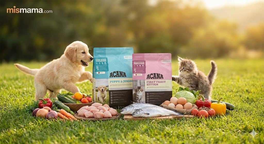 Doğal Ortamda Taze Et ve Sebzelerle Çevrili Acana Puppy ve Kitten Mama Paketleri ve Oyun Oynayan Yavru Kedi ile Köpek