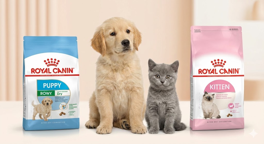 Büyüme Evresindeki Yavru Kedi ve Köpeğin Yanında Royal Canin Kitten ve Puppy Mama Paketleri
