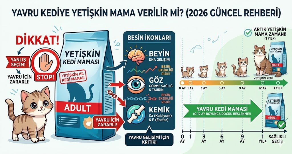 Yavru kediye yetişkin maması verilir mi - AAFCO Growth vs Maintenance %30 vs %26 protein DHA beyin gelişimi kalsiyum fosfor 12 ay geçiş 2026 Mismama bilimsel rehber