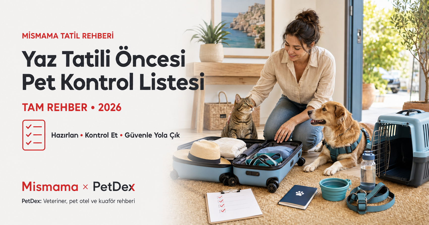 Yaz tatili öncesi pet kontrol listesi 2026 - veteriner kontrolü aşı belgesi mikroçip PETVET taşıma çantası pet oteli mi götürme mi feribot uçak otobüs seyahat malzeme listesi Mismama Petdex