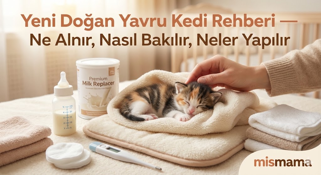 Yeni doğan yavru kedi bakımı için süt tozu, biberon ve ısıtıcı ped — MisMama rehberi