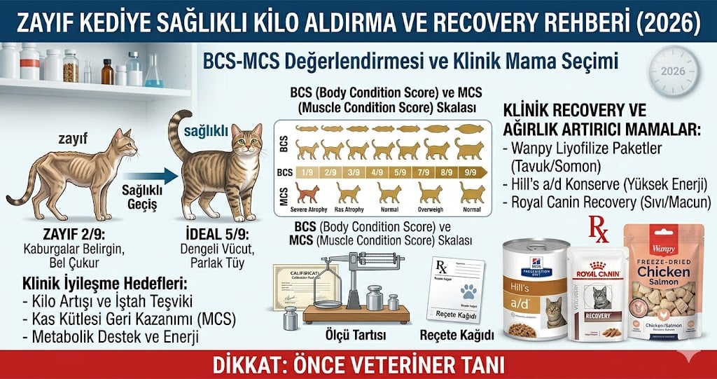 Zayıf kediye kilo aldıran mama - BCS 1-3 MCS değerlendirme refeeding syndrome önleme Hill's a/d Royal Canin Recovery Pro Plan CN Farmina Vet Life Convalescence 2026 Mismama bilimsel rehber