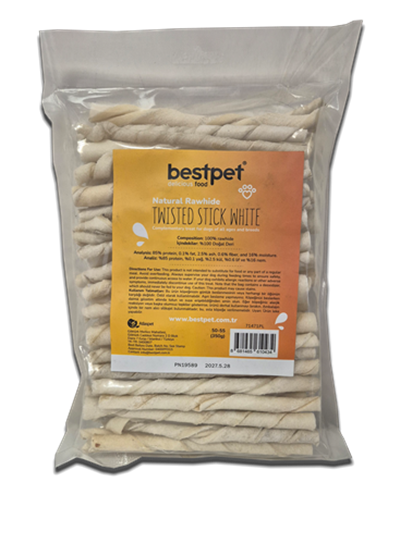Bestpet Twisted Stick White, %100 Doğal Deri Beyaz Burgu Köpek Ödül Çubuğu 350 gr