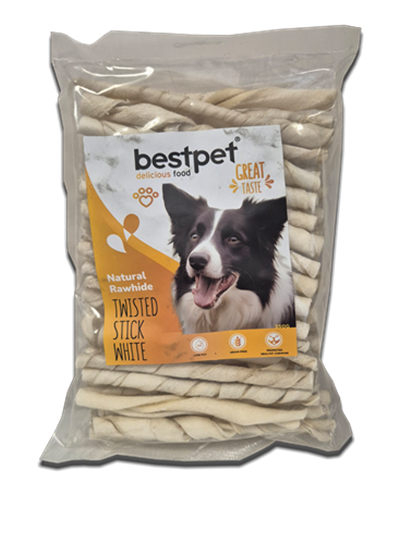 Bestpet Twisted Stick White, %100 Doğal Deri Beyaz Burgu Köpek Ödül Çubuğu 350 gr