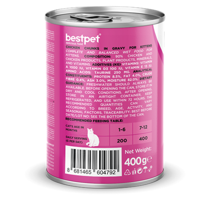 Bestpet Yavru Kediler İçin, Taze Tavuk Parça Etli Ve Soslu Yaş Mama 400 gr