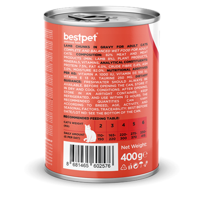 Bestpet Yetişkin Kediler İçin, Taze Kuzu Parça Etli Ve Soslu Yaş Mama 400 gr