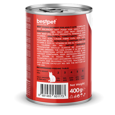 Bestpet Yetişkin Kediler İçin, Taze Sığır Parça Etli Ve Soslu Yaş Mama 400 gr