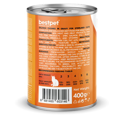 Bestpet Yetişkin Kediler İçin, Taze Somon Parça Etli Ve Soslu Yaş Mama 400 gr