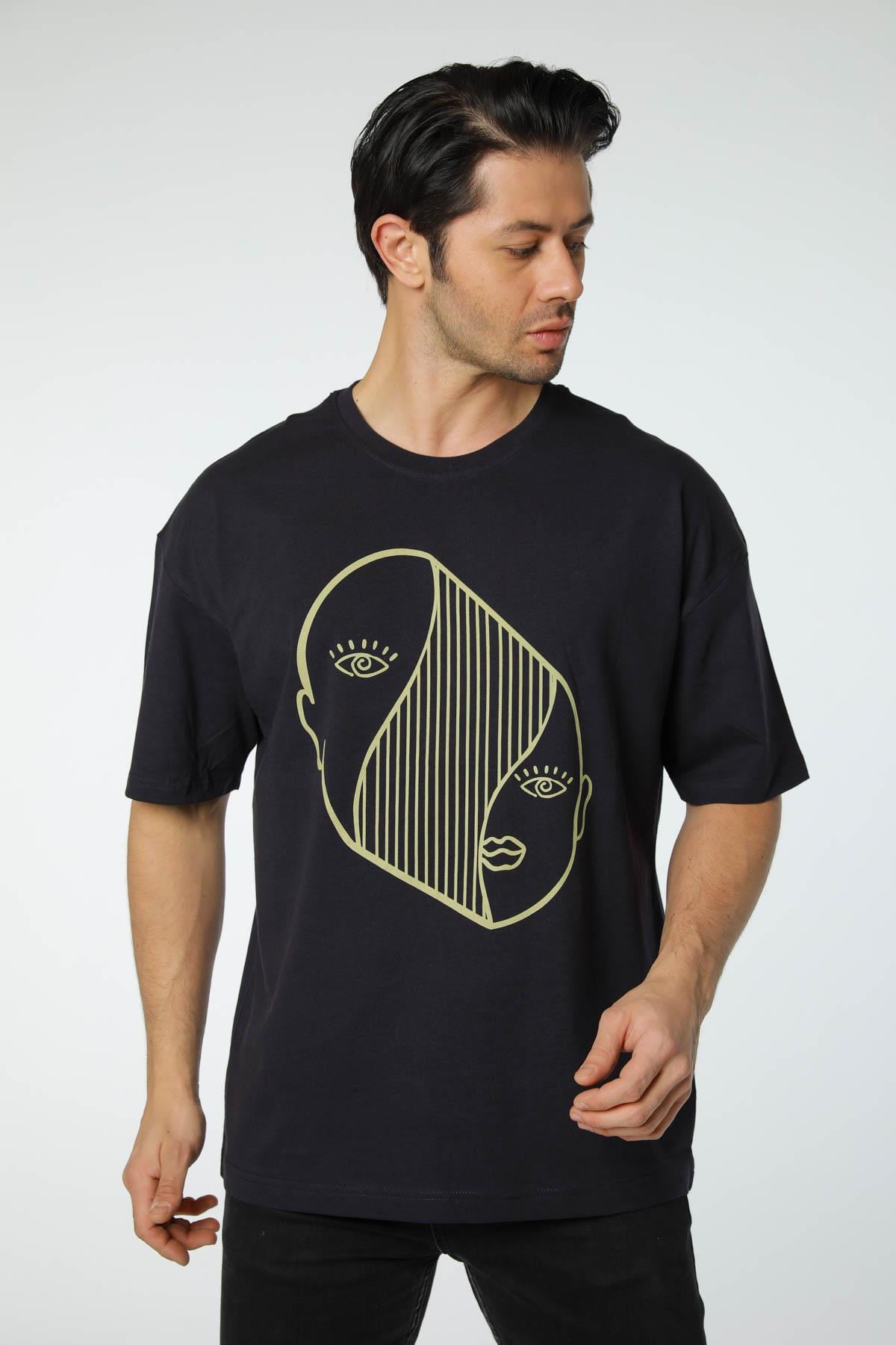 Baskılı Oversize Bisiklet Yaka T-Shirt