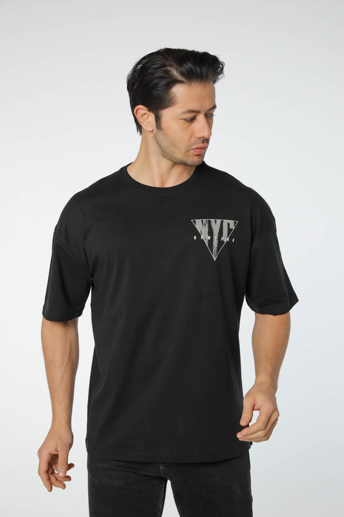 Baskılı Oversize Bisiklet Yaka T-Shirt