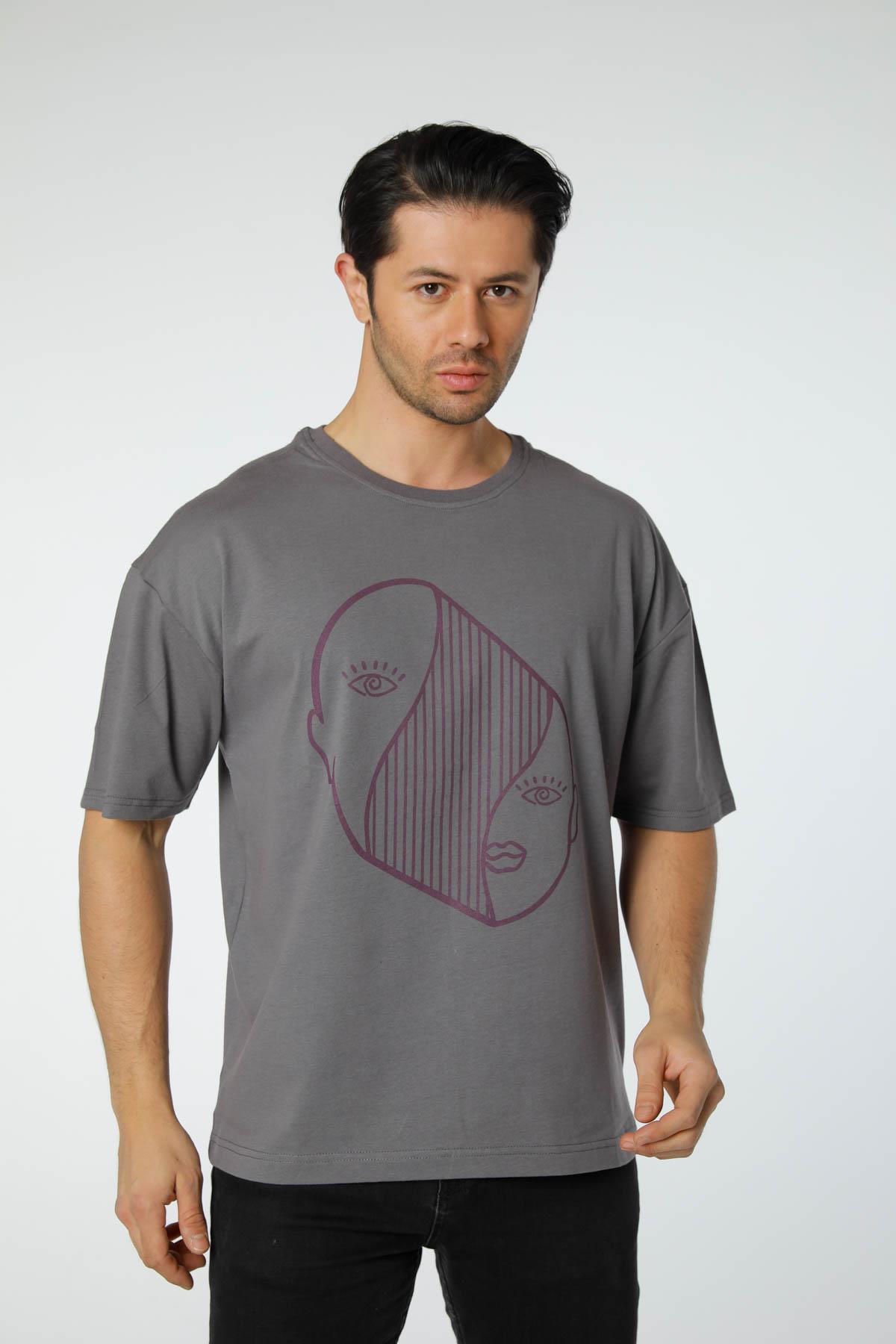 Baskılı Oversize Bisiklet Yaka T-Shirt