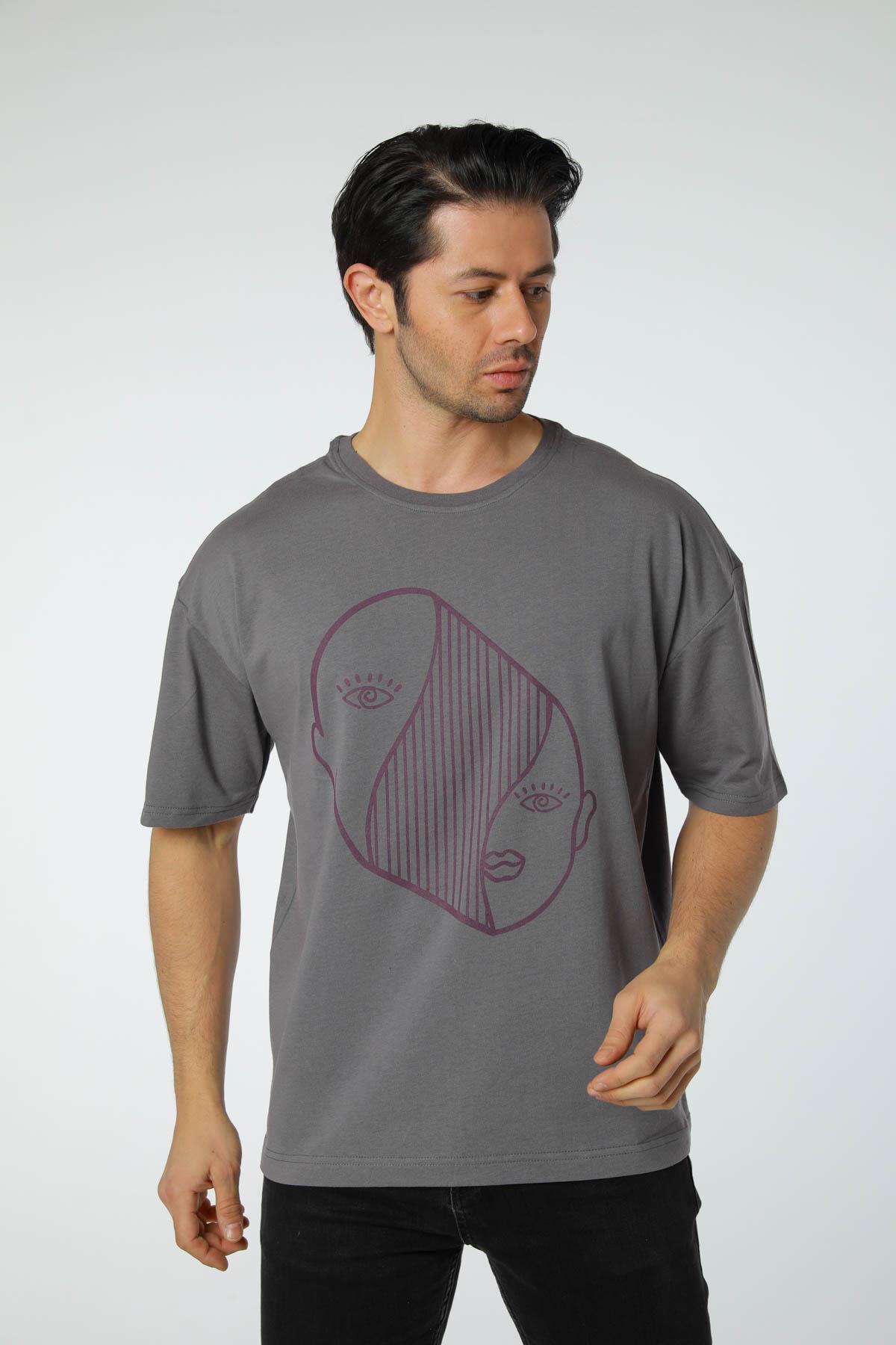 Baskılı Oversize Bisiklet Yaka T-Shirt