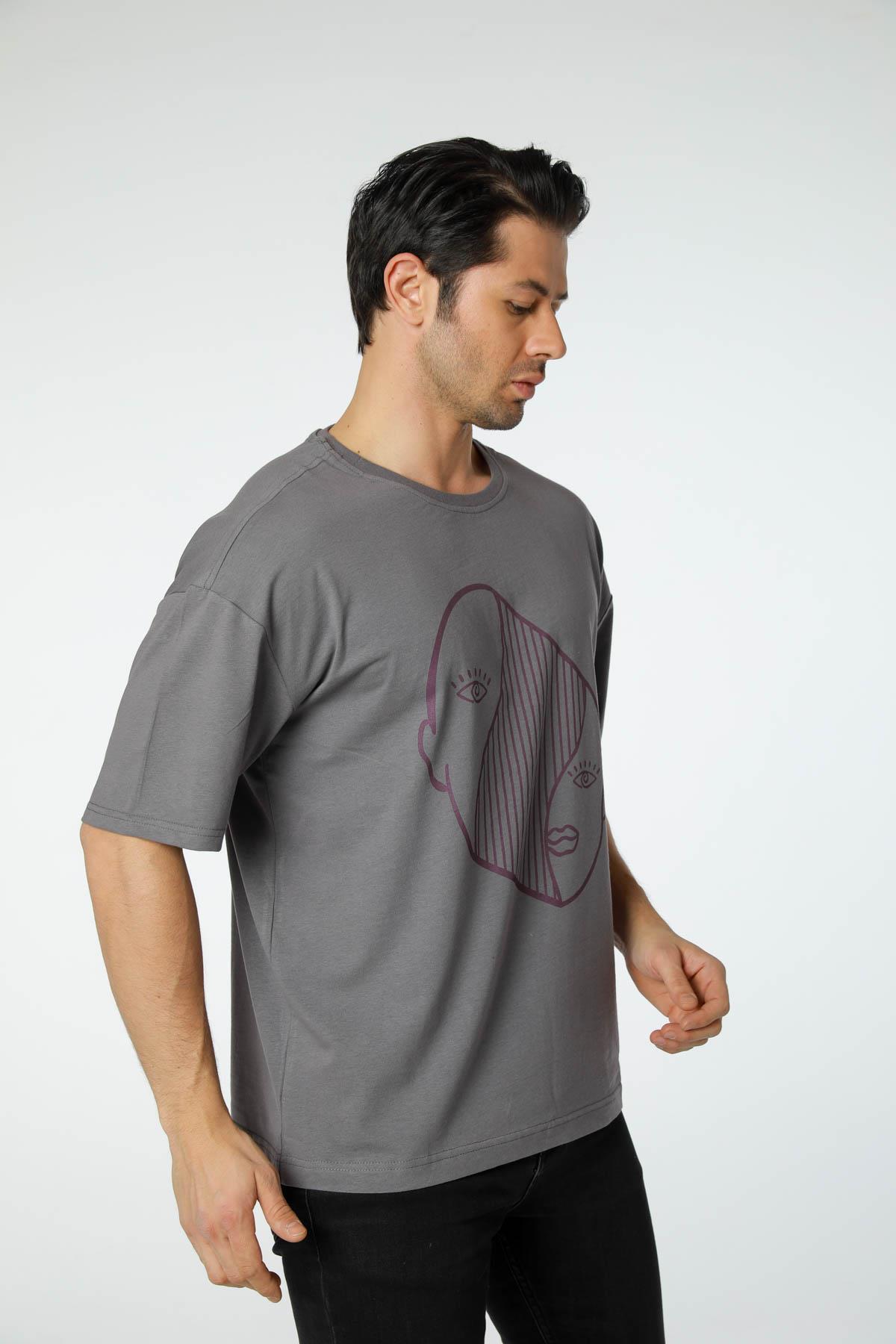 Baskılı Oversize Bisiklet Yaka T-Shirt